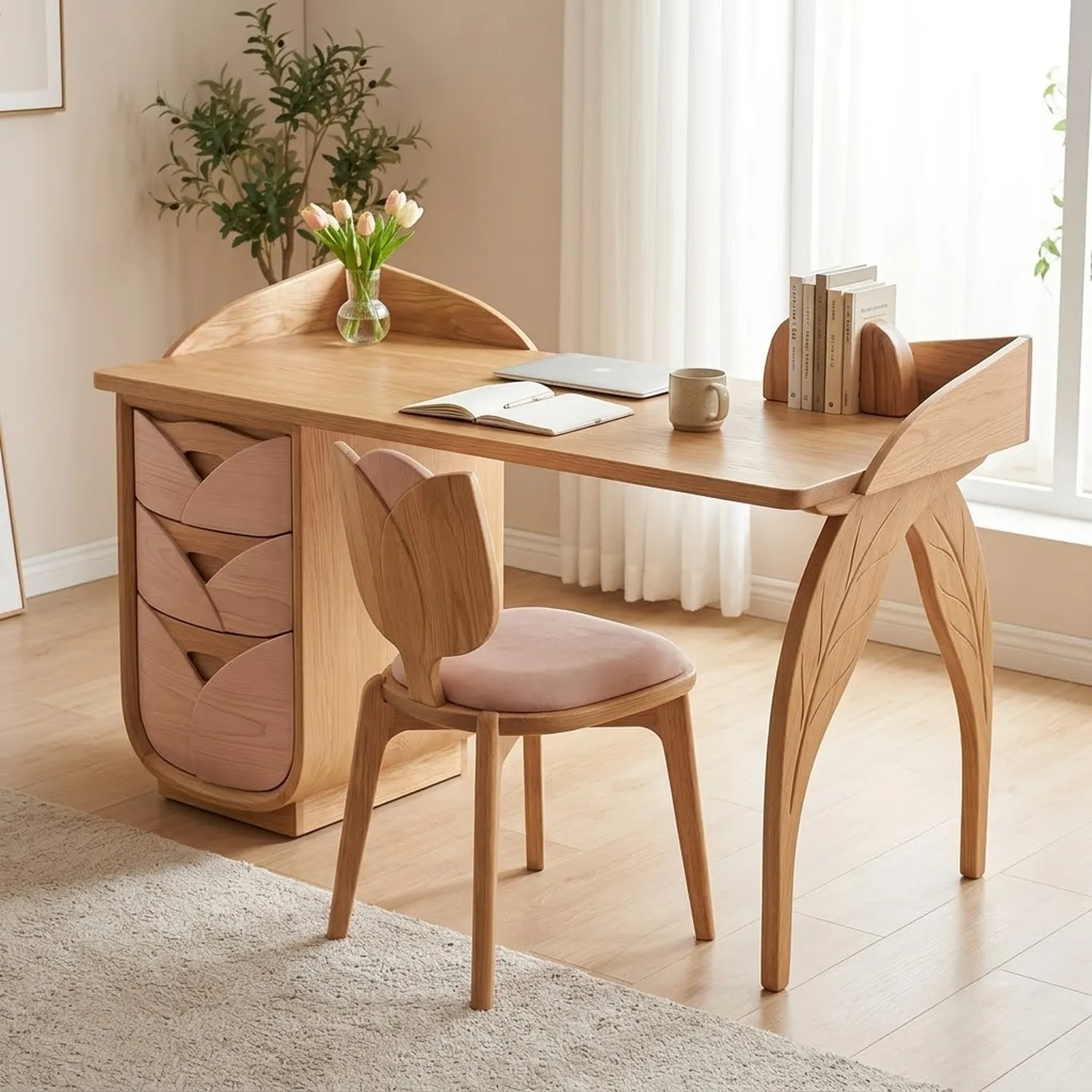 Wood Tulip Cradle Study Desk Botanical Floral Theme Unique Artisan Design