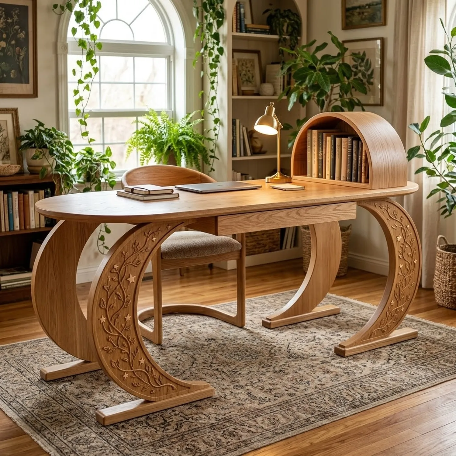 Wood Moon Garden Study Desk Astrological Botanical Theme Storybook Interior Decor